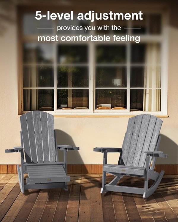 YEFU Adirondack Rocking Chair with Retractable Ottoman: 5-Level Adjustable High Back Outdoor Rocker Chairs with 2 Cup Holders Adirondack Patio Chair/Porch Rocking Chairs for Gardens/Lawn/Navy - Image 18